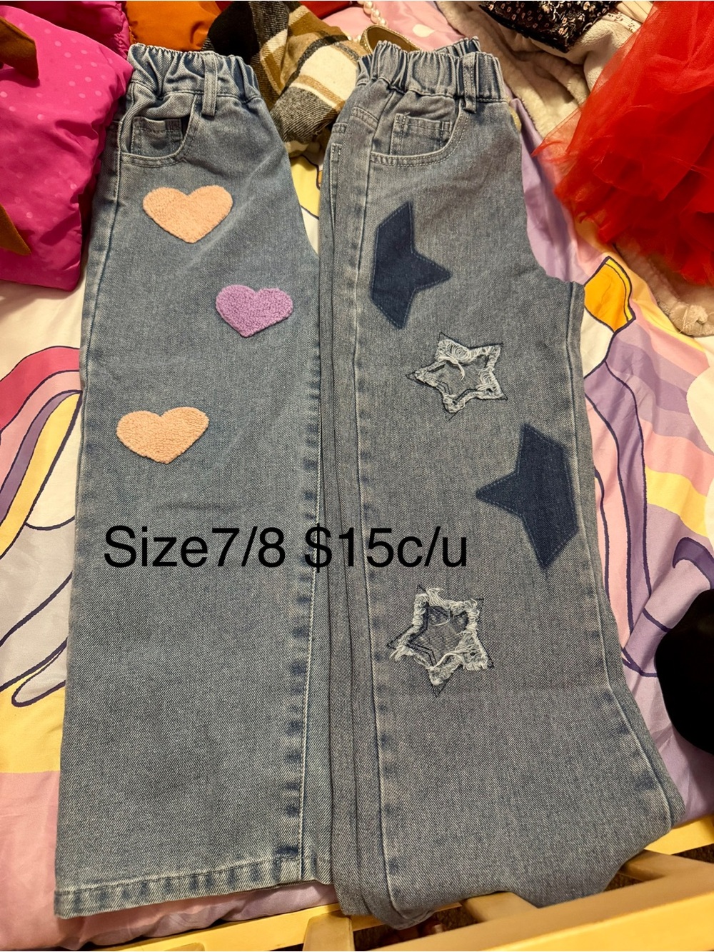 Girls Light Blue Flare Jeans with Heart & Star Patches
